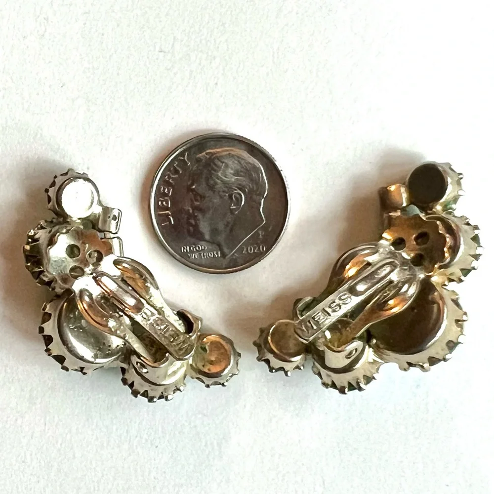 Vintage WEISS Designer Rhinestone Earrings Mint Lime Peridot Green Ear Clips